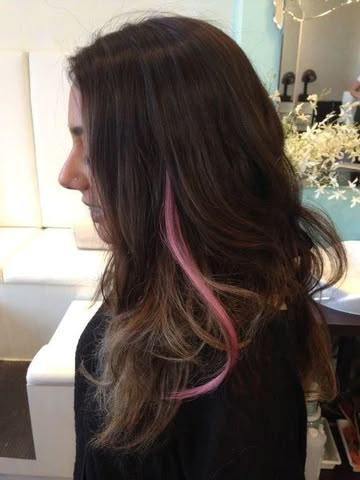 Hidden Streaks In Hair, Hidden Hair Dye Ideas, One Strand Hair Dye, Pink Pieces In Brown Hair, One Hair Strand Dyed, One Strand Dyed Hair, One Pink Streak In Hair, Hair Strands Dyed, Two Strands Of Hair Dyed