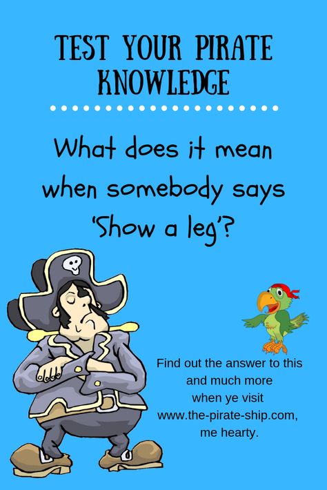 How well do ye know your pirate facts, me hearty?   'Show a leg' be a common phrase among pirates, but what does it mean?   You'll find ye answer on The Pirate Ship with all kinds of other interesting pirate history.   www.the-pirate-ship.com Pirate Facts, Pirate Terms, Pirate Sayings, Pirate Phrases, Pirate Jokes, Pirate Quotes, Pirate History, Famous Pirates, Pirate Kids