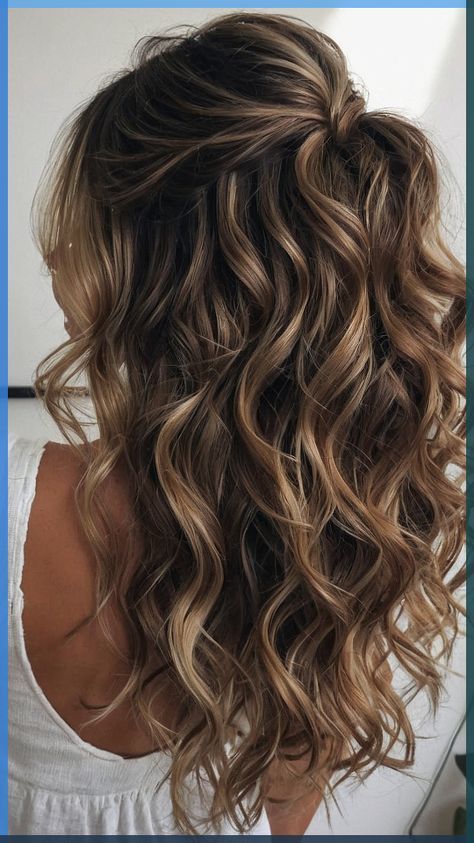 Curled Hair Styles For Weddings, Maid Of Honor Hairstyles Braids, Curled Hair For Bridesmaid, Bridal Hair Fall Wedding, Long Wavy Wedding Hairstyles, Bridal Hair Dark Brown, Beach Wave Hairstyles Half Up, Long Wavy Hairstyles For Wedding, Curled Hair For Wedding