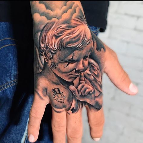 Tato Men, Angel Hand Tattoo, Prayer Hands Tattoo, Hood Neck Tattoo For Guys, Godfather Tattoo, Simple Hand Tattoos, Full Hand Tattoo, Hand And Finger Tattoos, Money Tattoo