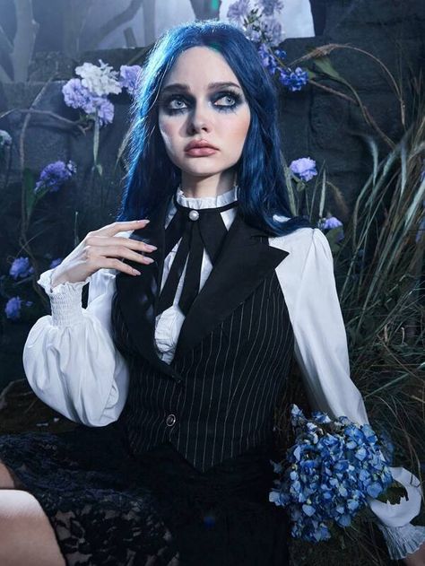 Corpse Bride | ROMWE Striped Print Halter Vest Blazer Without Blouse | SHEIN USA Corpse Bride Inspired Makeup, Corps Bride, Corpse Bride Makeup, Corpse Bride Wedding, Corpse Bride Costume, Swift Party, Bride Costume, Halter Vest, Taylor Swift Party