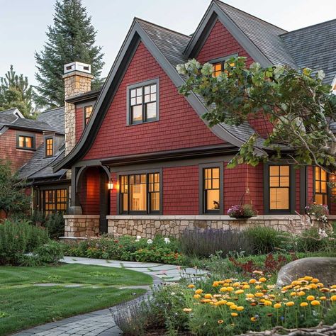 101+ Exterior House Colors Combinations & Best Paint Color Ideas • 333k+ Inspiring Lifestyle Ideas & Images Maroon And Black House Exterior, Dark Red House Exterior Paint, Red Ranch House Exterior, Exterior Paint Colors For Farmhouse, Brown Painted Houses Exterior, Exterior Red House Colors, Red Craftsman House Exterior, Burgandy House Exterior Paint Colors, Rust Exterior House Colors