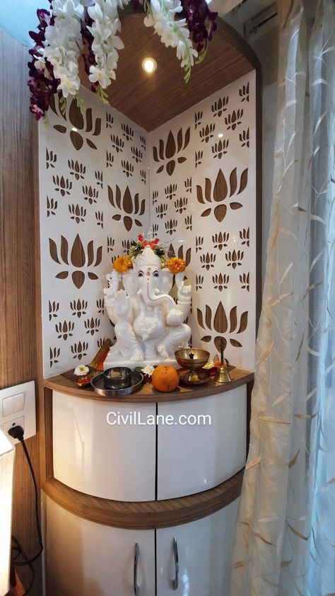 Traditional Mandir Design, Corner Pooja Unit In Living Room, Corner Mandir Design, Corner Temple Design For Home, House Mandir, Pooja Stand, Office Mandir, Pooja Backdrop, Puja Unit