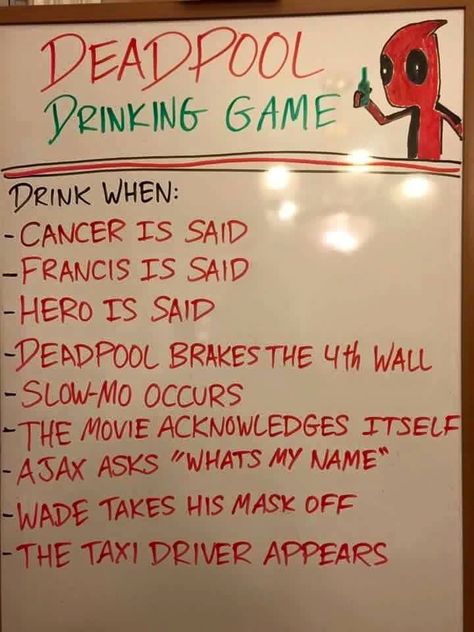 Deadpool drinking game Movie Drinking Games, Drunk Games, Alcohol Games, Drunk Party, Drinking Games For Parties, Fun Drinking Games, Dead Pool, Drinking Game, Adult Party Games