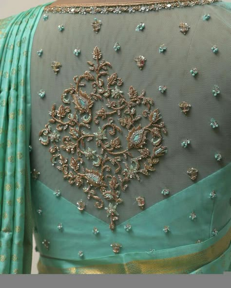 Hand Work Net Blouse Design, Aari Latest Blouse Design, Bridal Blouse Net Design, Stylish Aari Work Blouse, Net Blouse Work Designs Latest, Net Blouse Designs With Aari Work, Bridal Blouse With Net, Net Hand Blouse Designs, Back Net Aari Work Blouse