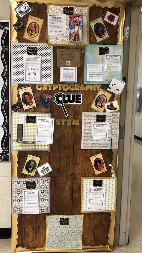 Clue Game Door Decoration, Clue Game Bulletin Board, Clue Game Decorations, Clue Classroom Theme, Clue Board Game Decorations, Clue Props, Clue Game Party, Clue Decorations, Clue Game Board