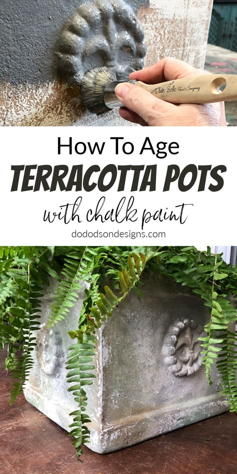 How To Make Terracotta Pots Look Old, Aged Terracotta Pots, Chalk Paint Pots Terra Cotta, Antiquing Terra Cotta Pots, How To Paint Mud Pots, Chalk Paint Pots, Aged Look With Chalk Paint, Diy Aged Terra Cotta Pots, Aging Terra Cotta Pots Diy