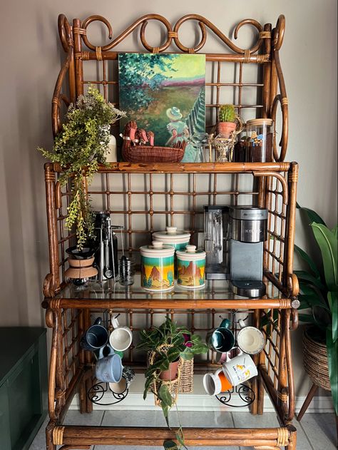 Thrifted Coffee Bar, Bakers Rack Coffee Bar Ideas, Bakers Rack Ideas, Bakers Rack Decorating, Matcha Bar, Matcha Bars, Wicker Shelf, Bakers Rack, Babe Cave