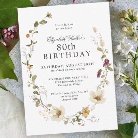 Delicate Wildflowers Feminine 80th Birthday Party Invitation - tap to personalize and get yours #Invitation #80th #birthday #party #for #her, Classy Birthday, Elegant Birthday Invitations, Summer Birthday Invitations, 90th Birthday Party, 75th Birthday Parties, Floral Birthday Invitations, 80th Birthday Invitations, Floral Birthday Party, 90's Birthday Party