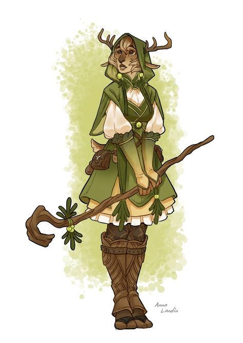 Herbalist Character Design, Dnd Druid Outfit, Faun Drawing, Faun Character Design, Nature Character Design, Druid Character Design, Druid Outfit, Dnd Druid, Spring Magic