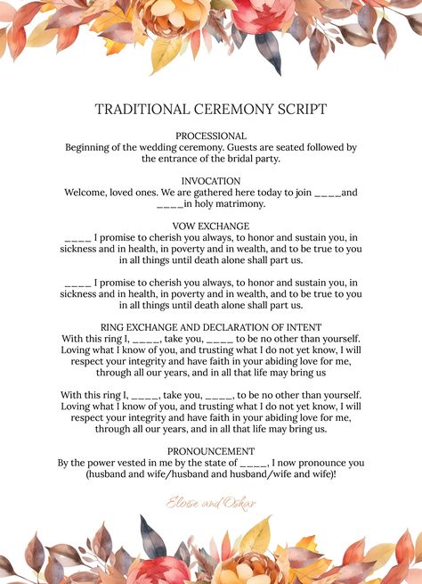 Wedding Ceremony Script Christian, Wedding Script For Officiant, Autumn Wedding Ceremony, Fall Wedding Menu, Script Template, Wedding Officiant Script, Ceremony Script, Wedding Ceremony Readings, Beauty And Beast Wedding