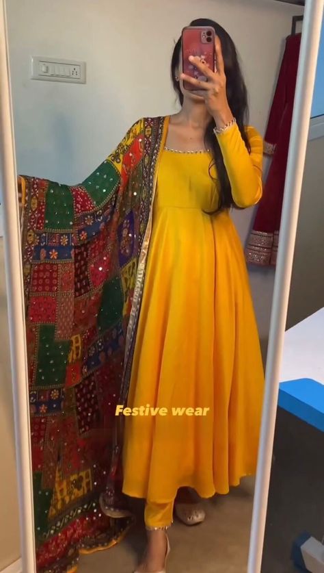 Satin Anarkali Dress, Dress For Haldi Function, Satin Anarkali, Silk Anarkali Gown, Long Anarkali Dress, Mirror Lace, Fancy Dupatta, Silk Anarkali Suits, Haldi Function