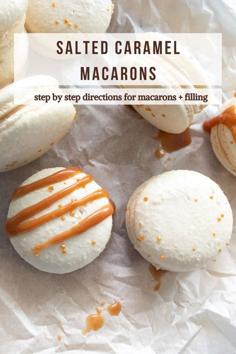 These salted caramel macarons are the perfect macaron flavor! This sweet and salty macaron flavor recipe is a crowd-pleaser. These salted caramel macarons are made with a homemade salted caramel sauce, and a salted caramel Swiss meringue buttercream filling. Get the recipe for these salted caramel macarons and the salted caramel macaron filling. No Bake Salted Caramel Coconut Macaroons, Caramel Filling For Macarons, Caramel Coconut Macaroons, Decorate Macarons, Caramel Macchiato Macarons, Macaron Fillings, Macarons Salted Caramel, Macarons Easy, Salted Caramel Macarons