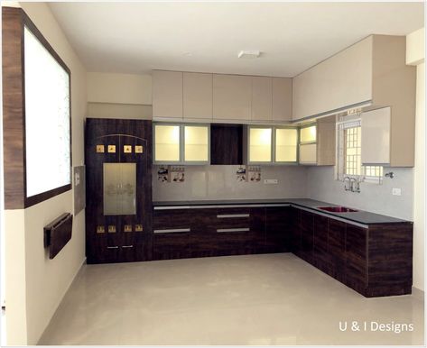 Here you will find photos of interior design ideas. Get inspired! Kitchen With Pooja Room, Pooja Room In Kitchen, Pooja Room In Kitchen Ideas, Profile Handles, Home Design Kitchen, Modular Kitchen Cabinets, Kitchen Appliances Design, Bedroom Cupboard, Building Front