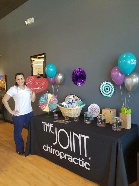 Chiropractic | patient appreciation | staff appreciation | healthcare event ideas Fitness Booth Ideas, Hiring Event Ideas, Chiropractic Booth Ideas, Nursing Home Event Ideas, Patient Appreciation Ideas Medical, Outreach Table Ideas, Health Booth Ideas, Health Fair Table Ideas, Patient Appreciation Ideas