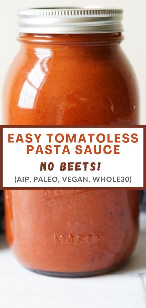 Have you been looking for a tomatoless pasta sauce that tastes even a little bit like tomatoes? This stuff is amazing and actually tastes like tomatoes. Plus no beets! It's pretty easy and only requires a handful of simple ingredients. #nomatosauce #nightshadefree #aip #paleo #whole30 #tomatolesspastasauce #aippizzasauce#nobeets #beetfree #autoimmunepaleo Easy Aip Nomato Sauce, Aip Canning Recipes, Tomato Sauce Alternatives, Tomatoless Pasta Sauce, Nomato Aip Sauce, Aip Pasta Sauce, No Tomato Pasta Sauce, Tomato Free Pasta Sauce, Api Diet