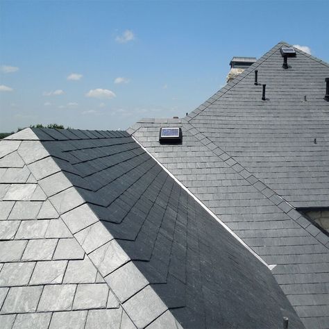 Grey slate Del Carmen roof tiles in natural Spanish slate Grey Roof Tiles, Slate Roof House, Grey Slate Tile, Flat Roof Tiles, Roof Materials, Ridge Tiles, Slate Roof Tiles, Roof Cap, Raise The Roof