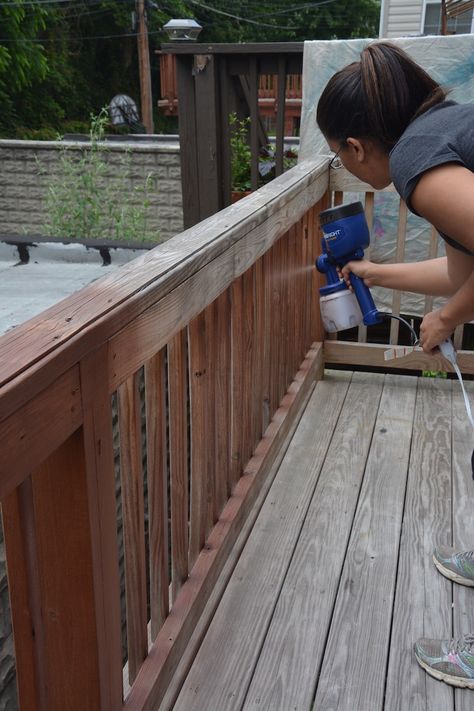 Deck Staining Tips - Keep the paint sprayer moving to avoid runs in deck stain. - Thrift Diving Diy Deck Staining, Staining A Deck, Deck Staining, Outdoor Deck Decorating, Deck Stain Colors, Best Paint Sprayer, Deck Diy, Deck Makeover, Deck Colors