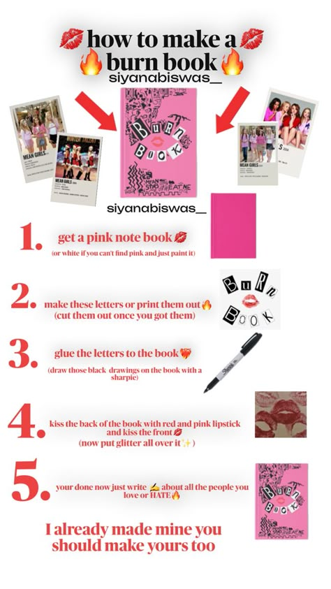 How to make a burn book!💋🔥❤️‍🔥✍️📕 I already made mine you should make yours too!• mine made by me🚨 If you want to make something similar/inspired or even 🚨repost🚨 please dm me for creds and permission! 💌 Things To Put In A Burn Book, What’s A Burn Book, What To Write In Your Burn Book, Best Friend Burn Book Ideas, What To Put In Your Burn Book, Burn Book Names, How To Create A Burn Book, Make Your Own Burn Book, Make A Burn Book With Me And My Bestie