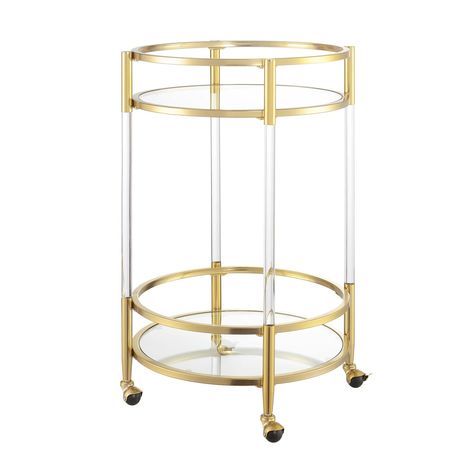 PRICES MAY VARY. Part of the Royal Crest Collection 2 Tiers of Clear Tempered Glass Shelving 2 Locking & 2 Regular 360-Degree Swivel Caster Wheels Supported by Acrylic Legs and Gold Chrome Frame (L) 22.25 in. x (W) 22.25 in. x (H) 33.25 in. Round Bar Cart, Makeup Vanity Storage, Bar Serving Cart, Glass Shelving, Glass Bar Cart, Royal Crest, Contemporary Bar, Tempered Glass Shelves, Acrylic Legs