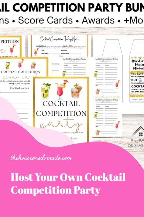 Host your own cocktail contest party for some friendly competition with your friends and family! This digital download kit includes everything you need including invitations, cocktail party rules, tasting notes, scorecards, 10 different bottle tags to use as "trophies", awards, or party favors. Even recipe cards are included so you can record and take home everyone's craft cocktail recipe. Great party ideas for adult parties, cocktail competitions, and contests. Cocktail Contest Party, Cocktail Competition Party, Drink Competition, Galentines Cocktails, Cocktail Contest, Cocktail Competition, Craft Cocktail Recipe, Cocktail Names, Party Rules