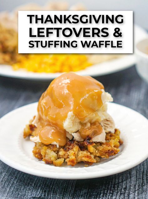 white plate with Thanksgiving Leftovers Waffle and text Keto Chaffle Stuffing Thanksgiving, Thanksgiving Waffle Stuffing, Stuffing Waffle Turkey Sandwich, Waffle Stuffing Recipe, Thanksgiving Day Lunch Ideas, Stuffing Waffles Thanksgiving, Thanksgiving Leftover Waffles, Stuffing Waffles Recipe, Thanksgiving Waffles