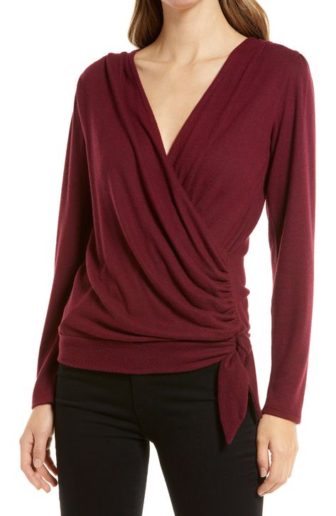 Loveappella Long Sleeve Faux Wrap Top available at #Nordstrom Womens Wrap Shirt, Tie Wrap Top, Best Wraps, Faux Wrap Top, Women Blouses Fashion, Tie Wrap, Wrap Shirt, Women Blouses, Wrap Top