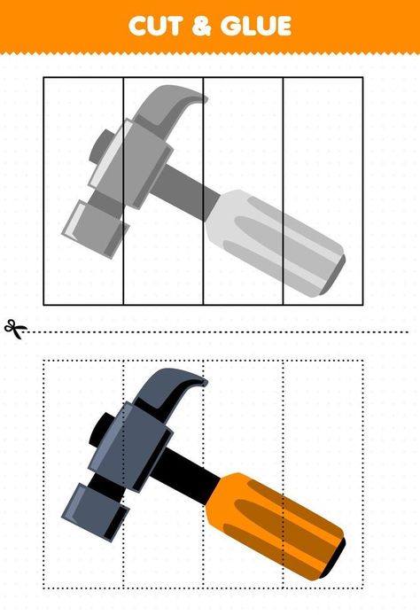 Education game for children cut and glue with cute cartoon hammer picture printable tool worksheet Tool Crafts For Kids, Cartoon Hammer, Construction Theme Preschool, Hammer Picture, Construction Activity, Tools Theme, Measurement Activities, Cut And Glue, Preschool Activities Toddler