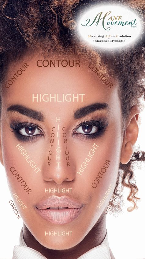 Makeup for Black skin: contouring + highlighting made Easy.  Answer all of your hair + makeup beauty questions at MANE Movement Black Highlighter Makeup, Highlighter Black Women, Make Up Tutorial For Black Women, Nails On Black Skin, Foundation For Black Women, Nails For Black Women, Makeup Looks For Black Women, The Best Skin Care Routine, Black Women Makeup Tutorial