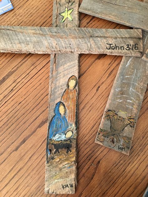 Wood cross - painted nativity Nativity Scenes, Cross Crafts, Craft Christmas, Christmas Painting, Wood Cross, Nativity Crafts, Christmas Wood Crafts, Wood Crosses, Wooden Cross