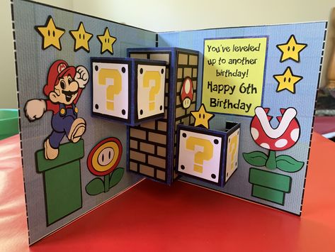 Super Mario Card Birthday, Diy Brother Birthday Gift, Mario Birthday Card Ideas, Diy Mario Gifts, Creative Birthday Cards For Brother, Mario Cards Diy, Super Mario Birthday Card Diy, Super Mario Gift Ideas, Mario Birthday Cards Diy