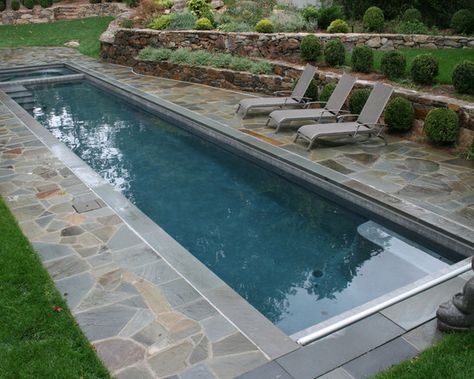 @Karen Lucius   Pool Saltwater Pool Sloped Design, Pictures, Remodel, Decor and Ideas Lap Pool Ideas, Hillside Pool, Lap Pool Designs, Kleiner Pool Design, Small Inground Pool, Pools For Small Yards, Lap Pools, Piscina Interior, Swimming Pool Decks