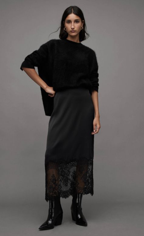 Flora Skirt, Satin Slip Skirt, Midi Skirt Black, Fluffy Texture, Slip Dresses, Black Jumper, Styling Inspiration, Cashmere Jumper, Slip Skirt