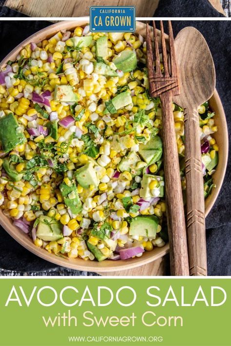 Ready for your new favorite summer side? This recipe for Avocado Salad with Sweet Corn requires only 5 simple ingredients, but it will have a BIG impact at your dinner table! Healthy, hearty, and delicious. #cagrown @cavocados #summersalad #sidedish Corn Salad With Avocado, Corn And Avocado Salad, Corn In The Oven, Corn Avocado, Sides Recipes, Avocado Salad Recipes, Salad Recipes For Dinner, Super Food, Roasted Corn