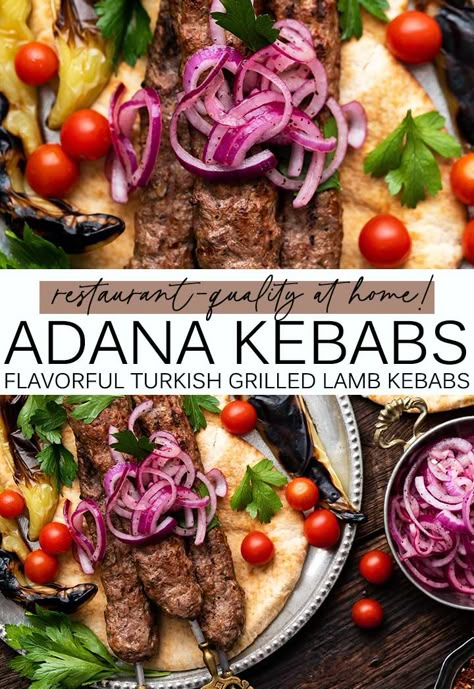 Adana Kebab Recipe (Turkish Ground Lamb Kebabs) Turkish Adana Kebab, Turkish Kebabs Recipe, Ground Lamb Seasoning, Turkish Kofte Recipe, Turkish Lamb Recipes, Turkish Adana Kebab Recipe, Mezze Plate, Adana Kebab Recipe, Turkish Grill