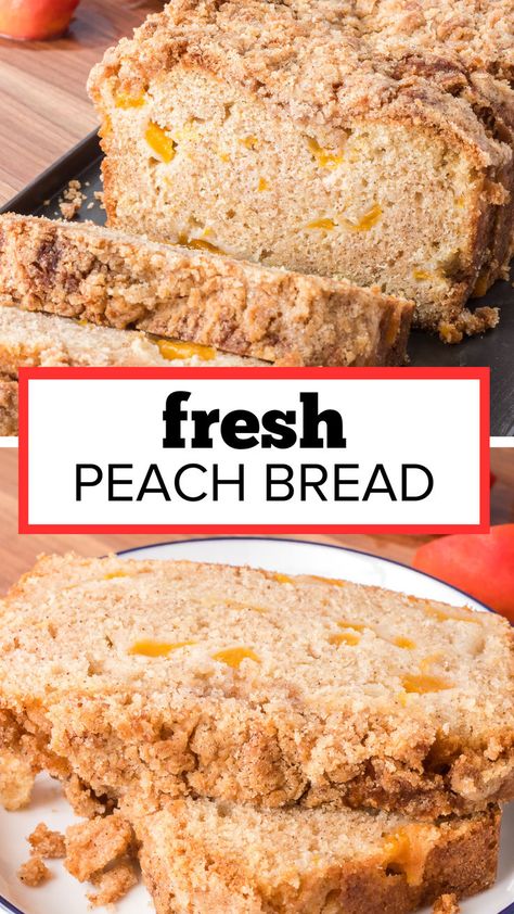 Peach Bread is an easy quick bread bursting with fresh, juicy peaches. Made with sour cream and a cinnamon crumb topping, this moist, tender peach bread makes a delightful summer breakfast, snack or dessert. Peach Quick Bread Recipe, Easy Peach Bread, Peach Quick Bread, Strawberry Banana Bread Recipe, Easy Quick Bread, Sweet Banana Bread, Peach Bread, Baked Dessert, Baked Peach