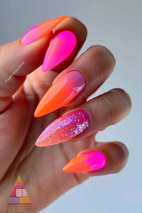 Summer Glitter Nail Ideas, Orange Neon Nails Design, Coral Pink Nails Designs, Neon Glitter Nails Summer, Orange Pink Nails Summer, Nails 2024 Pink, Bright Ombre Nails Summer, Neon Nails Designs Summer 2024, Neon Summer Nails Designs