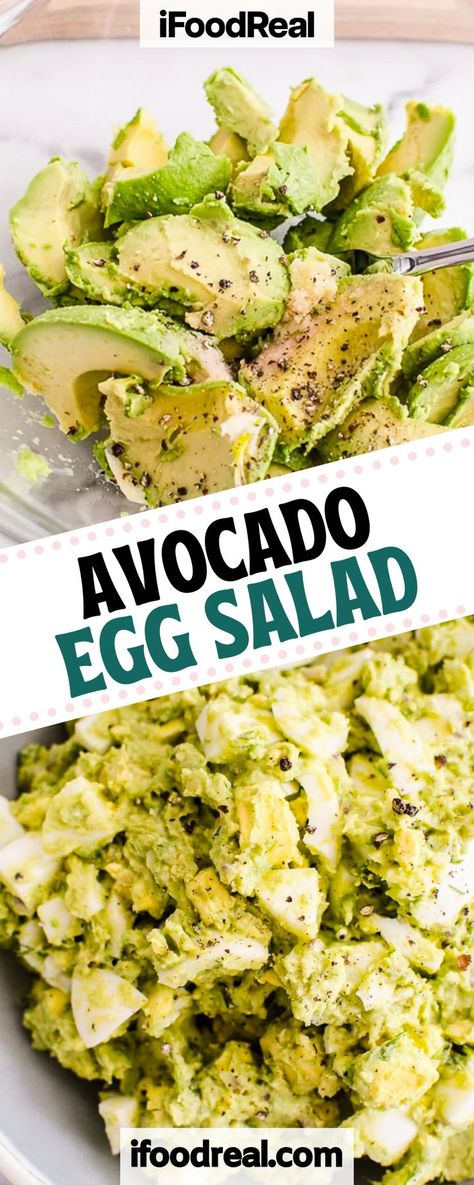 This Avocado Egg Salad is so creamy and delicious. It’s made without mayonnaise, so the recipe is lighter without compromising on flavor, and it’s still just as creamy, chunky, and has a hint of garlic too! You and your family will love every single bite, so why not try it today? Egg And Avocado Salad, Egg Salad With Avocado, Avocado Egg Salad Recipe, Avocado Egg Salad Recipe Healthy, Egg Salad Without Mayonnaise, Egg Salad Recipe No Mayo, Avacodo Egg Salad, Avocado And Egg Salad Recipes, Egg Salad Without Mayo