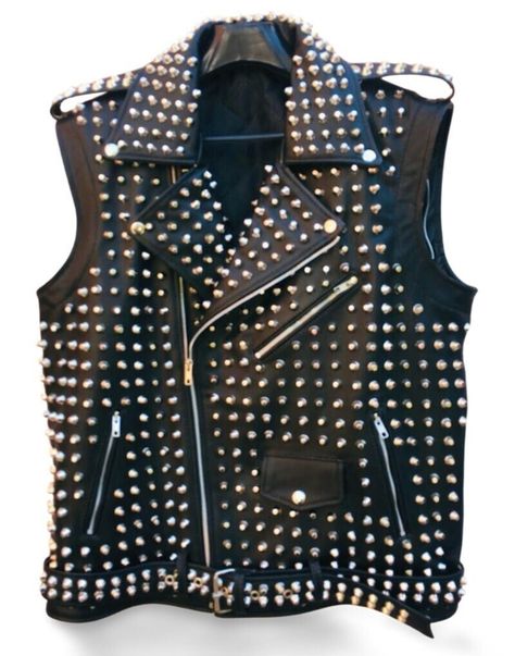 Handmade Men's Black Studded Leather Vest, Steam Punk Studded Vest, Hand Crafted, Each Stud & Spike Fitted With Hand, Logo Printed on Back, Descriptions: 100% Real Cowhide Leather Original YKK Zipper High Quality Inner Liner Original Brass Buttons Handmade Fashion Studded Leather Vest Each Stud & Spike Fitted With Hand Men's Wear Brand Spike Studded Jackets Studded Leather Vest, Studded Jacket, Brass Buttons, Hand Logo, Vest Outfits, Leather Vest, Steam Punk, Studded Leather, Handmade Fashion