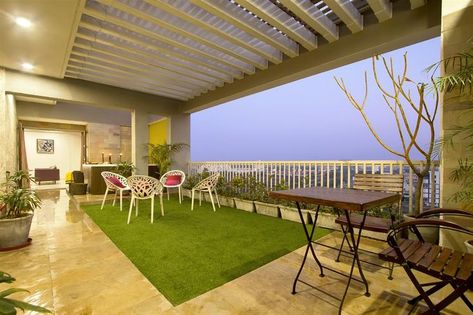 Modern Contemporary Residence terrace development Terrace Sitout, Sitout Designs, Open Terrace Ideas, Terrace Interior Design, House Balcony Ideas, Hangout Area, Rooftop Decor, Open Terrace, Terrace Interior