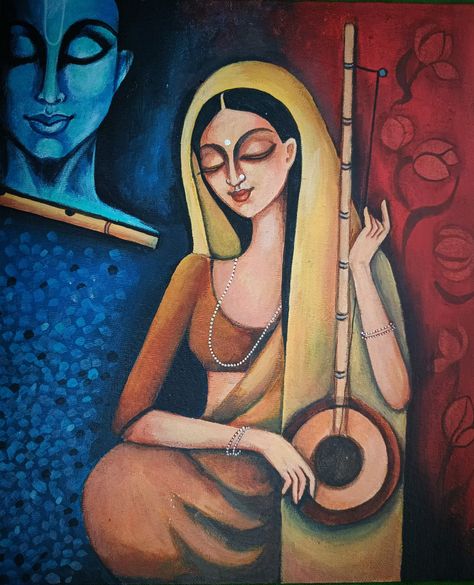 Acrylic on Canvas Meera Bai Paintings Abstract, Meera Painting Canvases, Mira Painting, Meera Bai Paintings, Modern Indian Art Paintings, Krishna Abstract, Lord Painting, Meera Bai, Acylic Painting