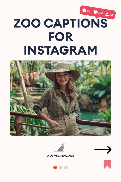 Smiling woman in a hat with text "Zoo Captions for Instagram" above her.
An infographic with playful animal-themed statements and emojis alongside checkmarks, from "wolfglobal.org".
A happy woman with a laptop surrounded by social media icons advertising Instagram engagement services. Captions For Zoo Pictures, Zoo Quotes For Instagram, Zoo Captions For Instagram, Zoo Quotes, Adventure Captions, Zoo Pictures, Life Captions, Baby Captions, Animal Captions