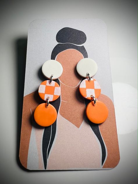 Game Day Polymer Clay Earrings, Tennessee Vols Earrings, Game Day Clay Earrings, Clay Football Earrings, Orange Polymer Clay Earrings, Orange And White Checkerboard, Pottery Inspo, Football Earrings, Tennessee Vols