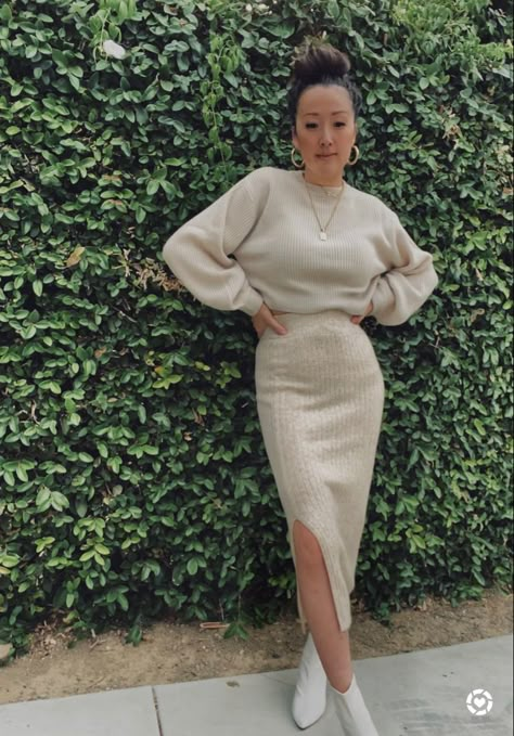 Fall Skirt Set, Crop Top Sweater Over Dress, Cream Fall Outfits For Women, Winter Knit Skirt Outfit, Midi Dress And Sweater, White Knit Skirt Outfit Winter, Cream Ribbed Skirt Outfit, Rib Skirt Outfit Winter, Beige Knitted Skirt Outfit