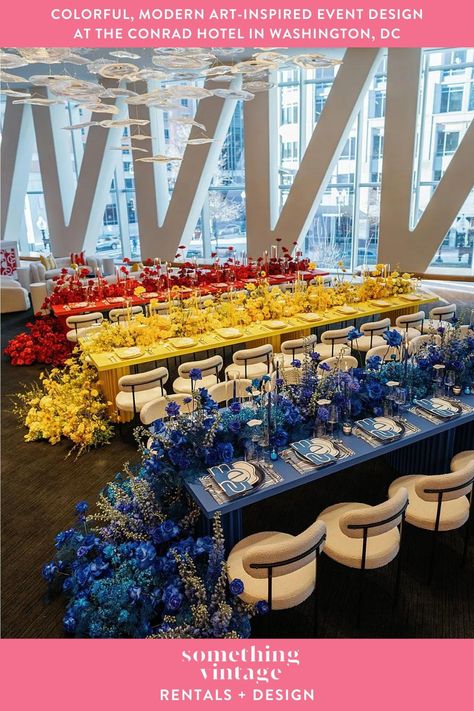 Bold monochromatic design, outfit ideas. What to wear blue, yellow & red party. Best vibrant wedding & event design ideas. Bold & colorful, modern-art inspired event decor. Match outfit to table decor. One color table design. Monochromatic place settings & table design. Something Vintage Rentals is the East Coast's premier event rental & decor company. Trend-setting furniture, backdrops, displays & decor to rent for weddings, corporate events & parties in DC, VA, MD, PA, DE, WV, NC, NY, NJ & RI. Monochromatic Party Theme, Monochromatic Event Decor, Colorful Event Decor, Monochromatic Tablescape, Corporate Event Backdrop, Event Design Ideas, Unique Event Decor, Colorful Modern Art, Corporate Events Decoration