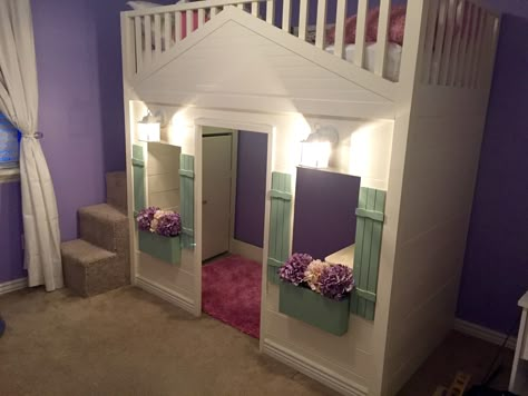 Cottage Loft bed playhouse with stairs, lights and desk | Do It Yourself Home… Loft Bed Playhouse, Barn Playhouse, Gymnastics Bedroom, Bed Playhouse, Playhouse Loft, Stairs Lights, Build A Loft, Playhouse Loft Bed, Loft Bed With Slide