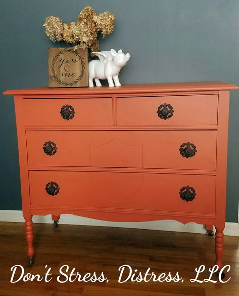 "I have never been a fan of orange but this little dresser stole my heart! Hand painted in General Finishes Persimmon Milk Paint & sealed with High Performance Top Coat in flat. We replaced all of the hardware and without any distressing, the hardware really stands out." - Don't Stress, Distress,LLC Furniture & Home Decor Burnt Orange Painted Furniture, Terracotta Painted Furniture, Orange Painted Furniture, Palette Terracotta, Wood Dressers Makeover, Orange Dresser, Bedroom Board, Distressed Dresser, Orange Furniture