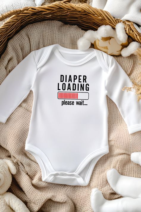 Looking for a unique baby shower gift? This "Diaper Loading, Please Wait" onesie is just the ticket! It adds a dash of humor to any new parent’s wardrobe and is ideal for bringing your little one home. A memorable keepsake with a giggle factor. Baby Winter Romper, Baby Shower Gift List, Newborn Winter, Newborn Sleeper, Loading Please Wait, Funny Baby Onesie, Winter Romper, Personalized Newborn, One Home