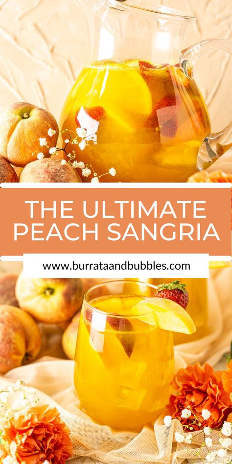 For the ultimate summer cocktail, you need to make a batch of this homemade peach sangria! Made with crisp pinot grigio, sweet peach liqueur and plenty of fresh fruit, this refreshing peach sangria is the perfect thirst quencher for those warm nights on the patio. You can whip up this drink in just a few minutes, and it's perfect for entertaining a crowd. Brunch Sangria, Peach Sangria Recipes Easy, Best Peach Sangria Recipe, Peach Tea Sangria, Applebees Peach Sangria Recipe, Peach Raspberry Sangria, Peach Sangria Moscato, Peach Sangria Recipe, Pinot Grigio Sangria