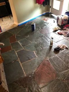 Painting Slate Tile Floors, Cleaning Slate Floors, Slate Tile Floor Kitchen, Slate Floor Kitchen, Black Slate Floor, Diy Grout, Black Slate Tiles, Stone Entryway, Slate Rock